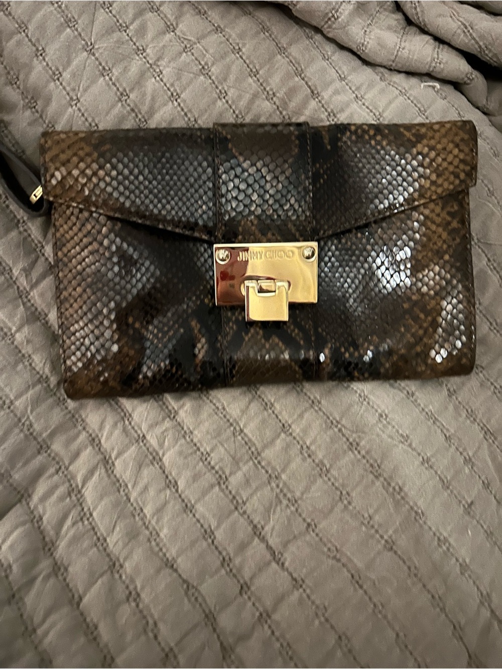 Jimmy Choo Brown & Black Snakeskin Patent Clutch with Gold Lock